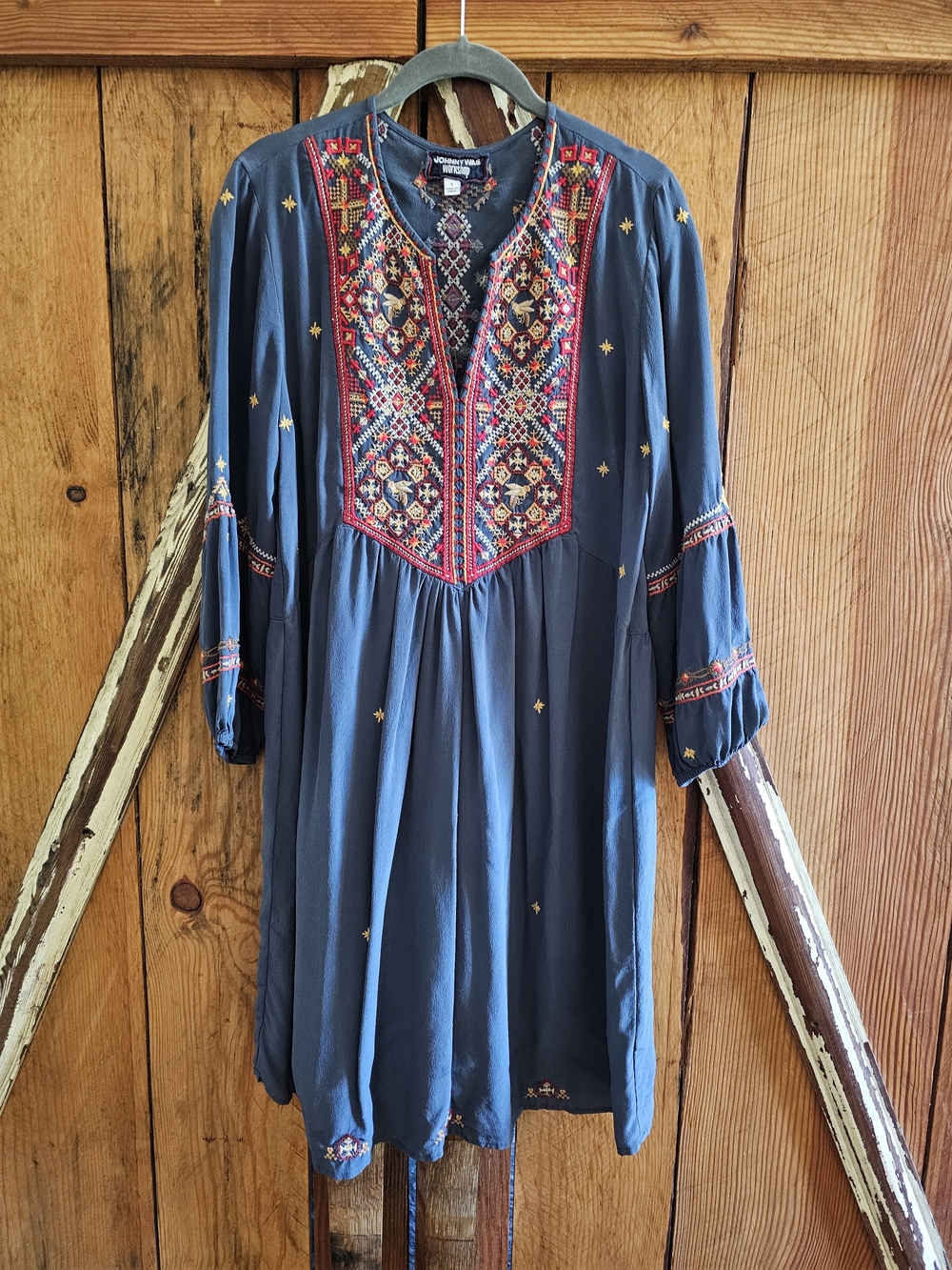 Johnny Was Navy Boho Embroidered Tunic with Multicolor Stitching